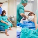 Gewalt unter der Geburt Roses Revolution Day Mann und Gebährende im Kreissaal und Kaischerschnitt