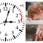 Zeitumstellungsuhr und müdes Kind im Kindersitz